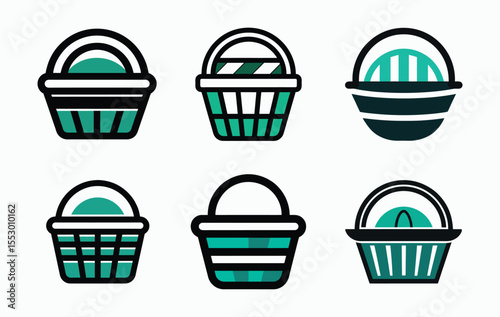 Teal basket icon set, flat vector illustration, minimal shopping graphic