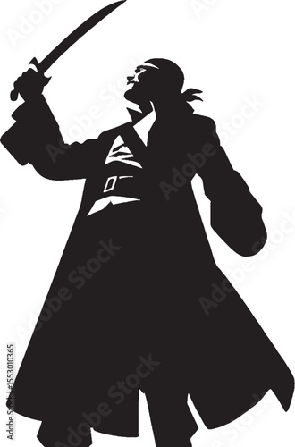 A dramatic black and white vector illustration of a pirate figure raising a sword aloft in a pose of defiance or triumph.