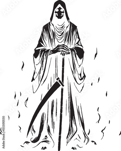 Black and white illustration of the grim reaper standing with a scythe classic illustration of death symbol of mortality horror and halloween