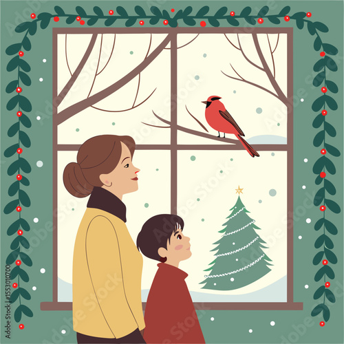 A Mother and Child Admire a Winter Wonderland Through the Window.