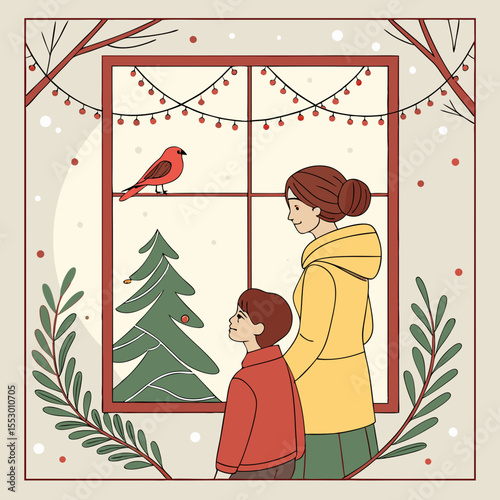 A Mother and Child Admire a Winter Wonderland Through the Window.