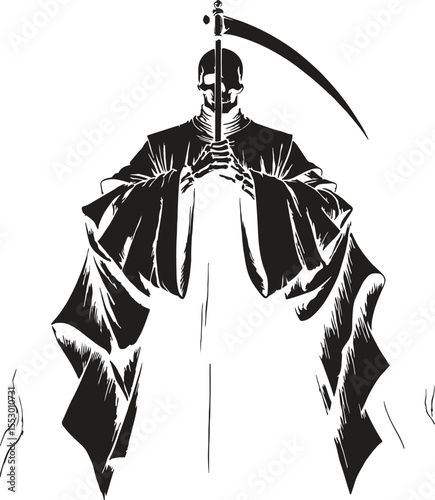 Detailed monochrome illustration of the grim reaper holding his scythe an ominous figure representing death and the end of life in a minimalist artistic style.