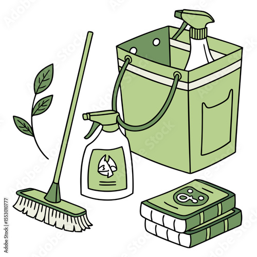a bucket and mop with a mop and a broom
