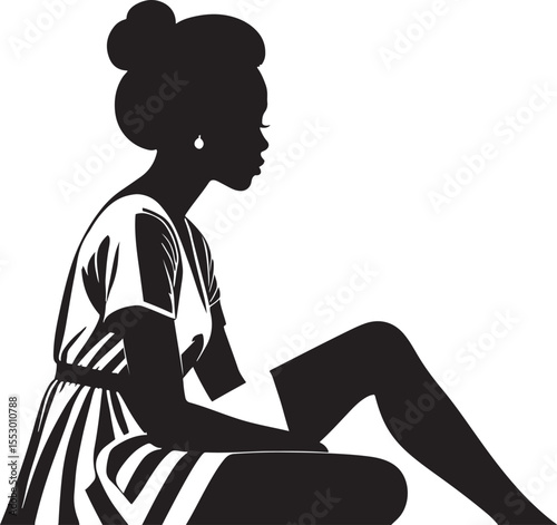 Elegant black silhouette of a woman in a dress seated gracefully with a classic updo hairstyle for design and decorative purposes