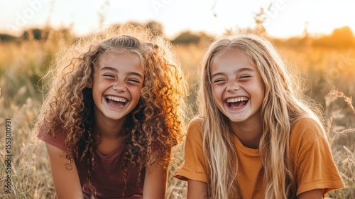 Two cheerful girls with curly hair are joyfully laughing together in a sunlit field, capturing the essence of childhood happiness and friendship against a golden backdrop.