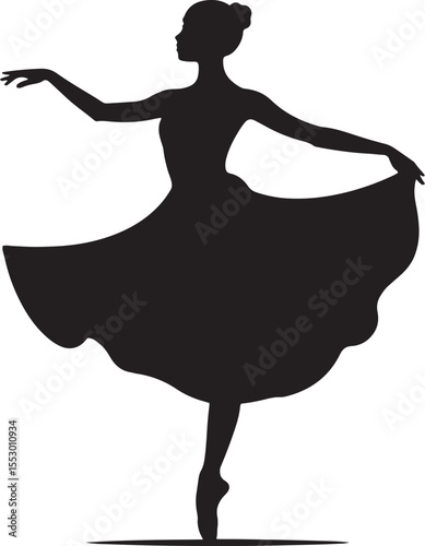 Elegant silhouette of a ballerina in a graceful pose with flowing dress performing a ballet routine on stage.