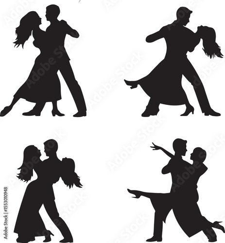  Elegant silhouettes of dancing couples in various poses illustrating romance and grace on a white background ideal for designs.
