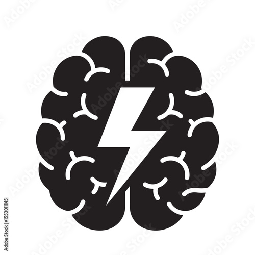 Flat black vector icon of human head and brain silhouette with lightning bolt inside, symbolizing burst of creativity, energy, and outline design PNG