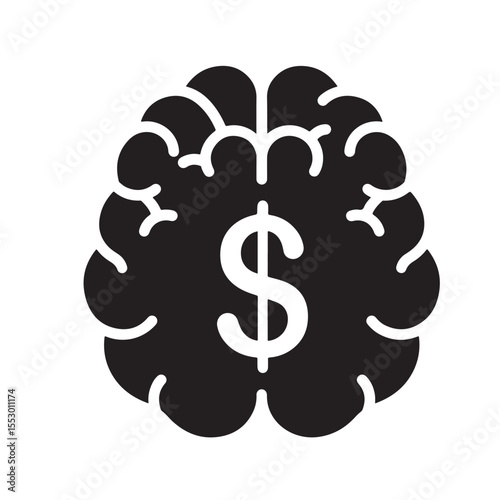 Flat black vector icon of human head and brain silhouette with dollar sign inside, symbolizing financial thoughts, goals, and outline design PNG