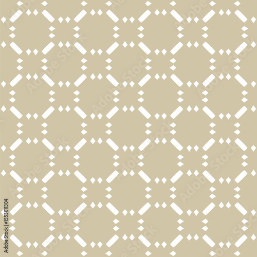 Gold geometric seamless texture. Minimalist vector abstract ornament pattern with grid, checkered lattice. Simple luxury golden background. Repeating design for print, decor, textile, plaid, quilt