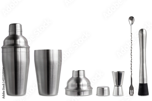 Metal shaker and bar tools for preparing sports and alcoholic cocktails isolated.