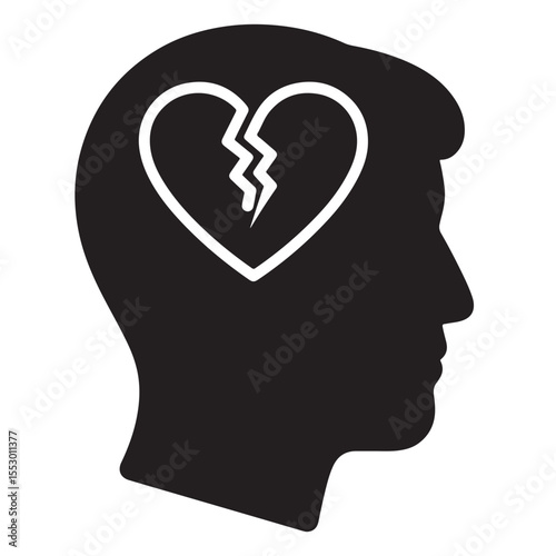 Flat black vector icon of human head and brain silhouette with broken heart inside, symbolizing emotional burnout, stress, and outline design PNG