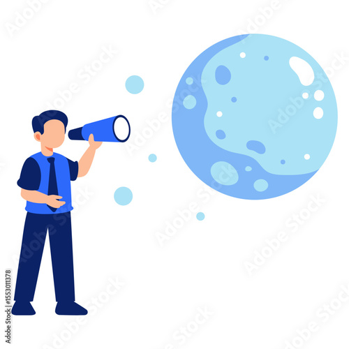 Curious person gazing at a cartoon moon through a telescope under a dreamy night sky full of imagination