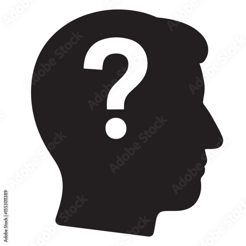 Flat black vector icon of human head and brain silhouette with question mark inside, symbolizing confusion, hesitation, and outline design PNG