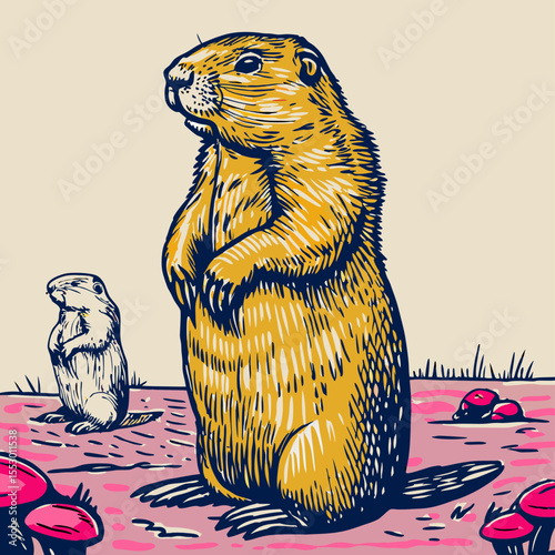 Prairie Dog Illustration: Standing Prairie Dog with Pup
