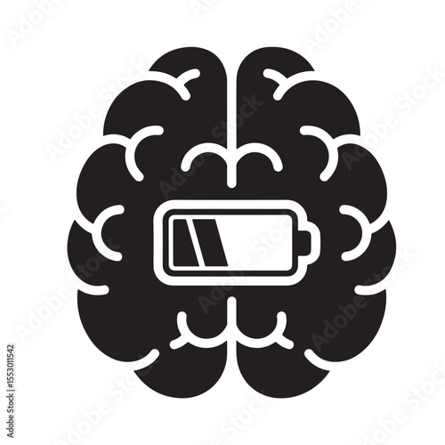 Flat black vector icon of human head and brain silhouette with low battery icon inside, symbolizing mental exhaustion, fatigue, and outline design PNG