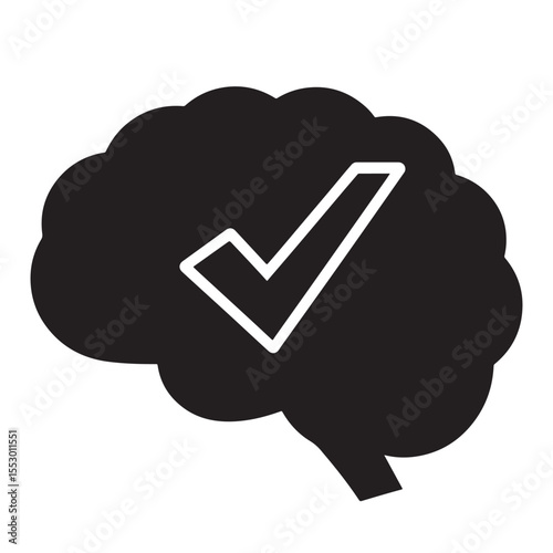 Flat black vector icon of human head and brain silhouette with checkmark inside, symbolizing mental clarity, decision, and outline design PNG