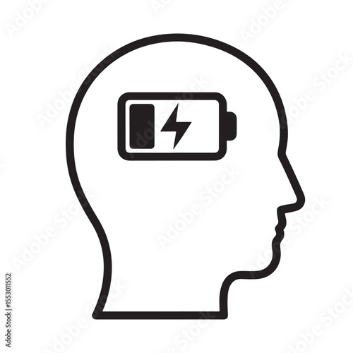 Flat black vector icon of human head and brain silhouette with low battery icon inside, symbolizing mental exhaustion, fatigue, and outline design PNG