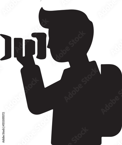Silhouette depiction of a photographer holding a digital camera in preparation for capturing a photograph using photo camera device