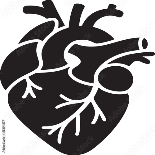 A stylized black and white illustration of a human heart with visible veins and arteries design