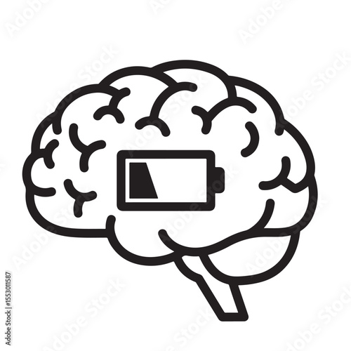 Flat black vector icon of human head and brain silhouette with low battery icon inside, symbolizing mental exhaustion, fatigue, and outline design PNG