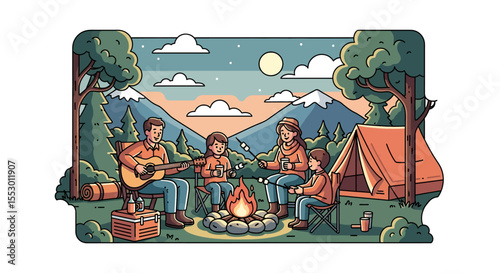 Adobe illustrator artwork vector illustration of a family camping outdoors, sitting around a campfire, roasting marshmallows, and enjoying music. Depicts a happy and relaxing nature getaway.