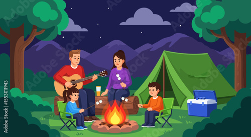 Adobe illustrator artwork vector illustration of a family camping outdoors, sitting around a campfire, roasting marshmallows, and enjoying music. Depicts a happy and relaxing nature getaway.