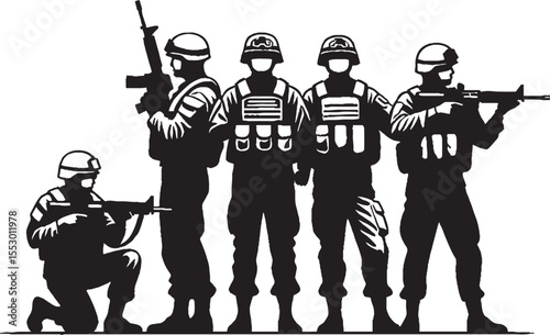 Silhouette illustration of a group of soldiers armed with rifles and military gear in uniforms ready for combat operations