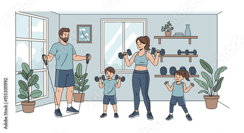 Adobe illustrator artwork vector illustration of a family exercising together in their home gym, using dumbbells and resistance bands. Promotes healthy lifestyle and family fitness.