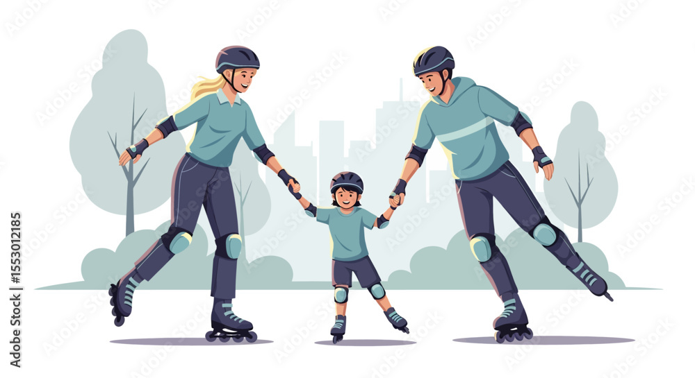 Obraz premium Adobe illustrator artwork vector illustration of a family rollerskating together, with parents helping their child. Perfect for depicting active family fun, outdoor recreation, and learning new skills