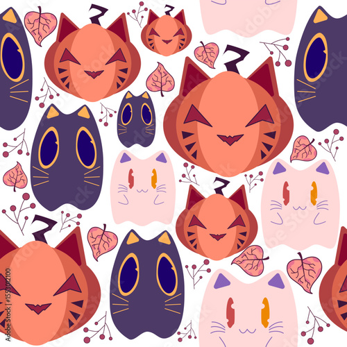 Colorful Halloween pattern with cats, cat, pumpkin, ghost, and foliage on white background. Seamless pattern