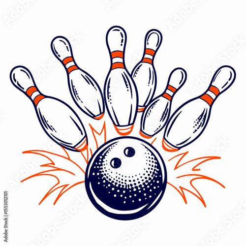 Bowling Ball Striking Pins Illustration
