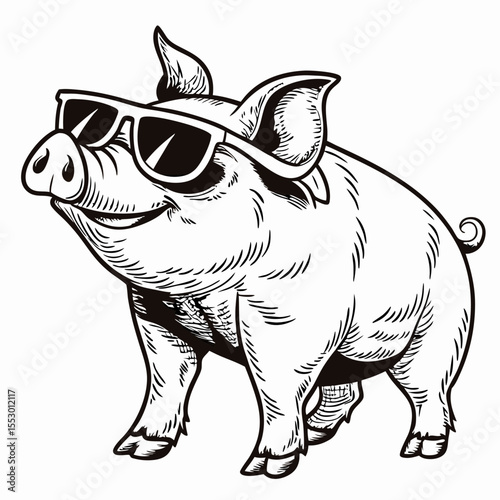 Cool Pig Wearing Sunglasses, Black and White Illustration