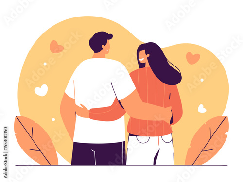 Affectionate Pair Strolling Together: A Heartfelt Vector Illustration of a Romantic Couple Walking Hand-in-Hand, Side by Side, Symbolizing Love, Companionship, and Togetherness