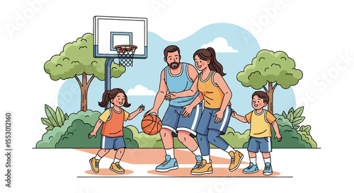 Adobe illustrator artwork vector illustration of a family playing basketball together outdoors in a park, with parents cheering on their children. Depicts active family time and outdoor fun
