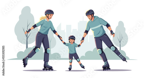 Adobe illustrator artwork vector illustration of a family rollerskating together, with parents helping their child. Perfect for depicting active family fun, outdoor recreation, and learning new skills
