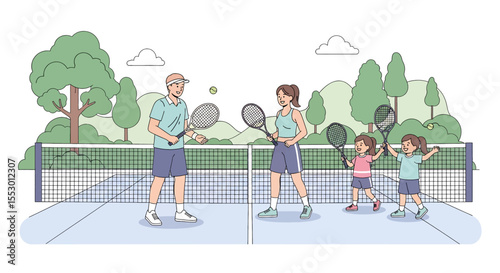 Adobe illustrator artwork vector illustration of a family playing tennis together on a court outdoors, enjoying a sunny day. Emphasizes active family time and sportsmanship.