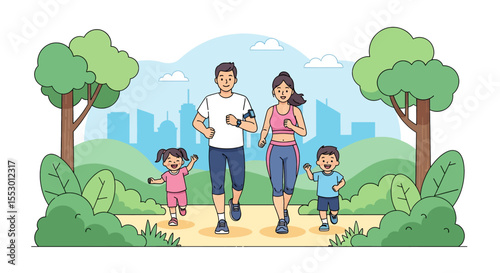 Adobe illustrator artwork vector illustration of a family running together in a park, enjoying an outdoor sport activity with a cityscape in the background. Promotes healthy lifestyle.
