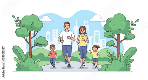 Adobe illustrator artwork vector illustration of a family running together in a park, enjoying an outdoor sport activity with a cityscape in the background. Promotes healthy lifestyle.