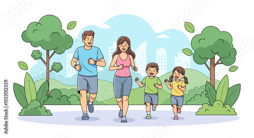Adobe illustrator artwork vector illustration of a family running together in a park, enjoying an outdoor sport activity with a cityscape in the background. Promotes healthy lifestyle.