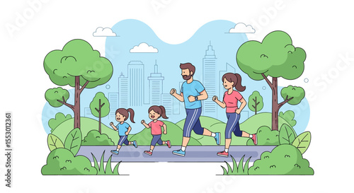 Adobe illustrator artwork vector illustration of a family running together in a park, enjoying an outdoor sport activity with a cityscape in the background. Promotes healthy lifestyle.