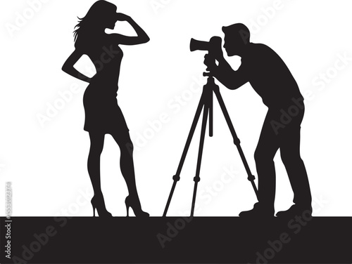 Silhouette illustration of a photographer capturing a posed female model during a photoshoot on a white background