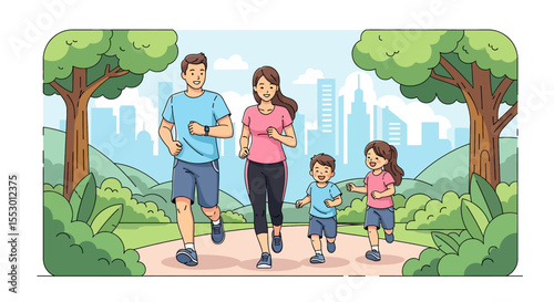 Adobe illustrator artwork vector illustration of a family running together in a park, enjoying an outdoor sport activity with a cityscape in the background. Promotes healthy lifestyle.