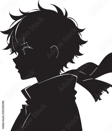 Silhouette illustration of a young person in profile wearing a scarf and stylish jacket isolated on a white background.