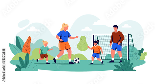 Adobe illustrator artwork vector illustration of a family playing soccer outdoors in a park, with a father, mother, and two children enjoying the game together. Perfect for active lifestyle and sports