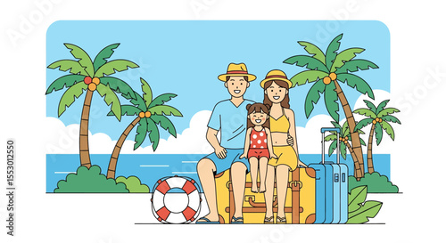 Adobe illustrator artwork vector illustration of a family on a beach vacation, sitting on luggage under a palm tree with a lifebuoy. Perfect for themes of summer travel, tropical holidays