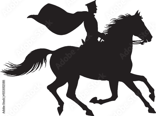 Silhouette of a horse and rider depicting an officer in uniform galloping on a horse back with a flowing cape design