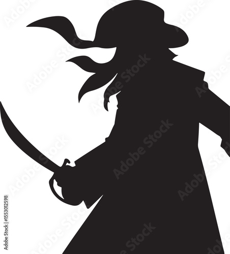 Silhouette of a fierce pirate with a saber ready for battle and adventure in a classic historical costume