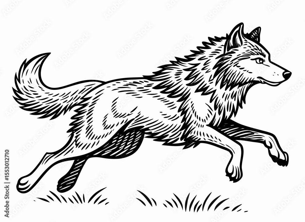 Obraz premium Running Wolf Line Art: Black and White Illustration