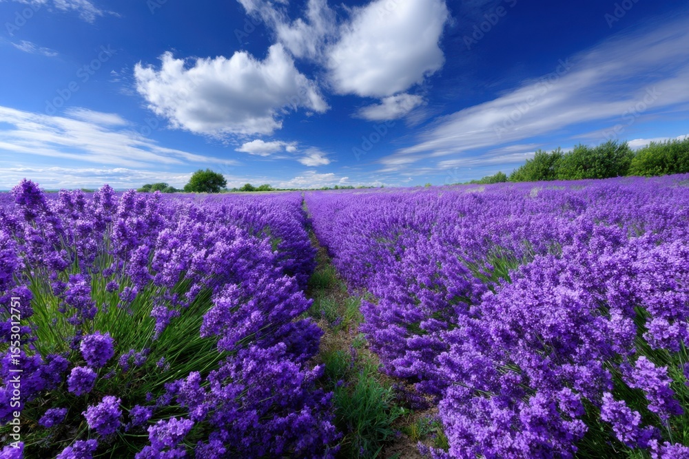 Naklejka premium Expansive lavender field under a clear blue sky on a sunny day
